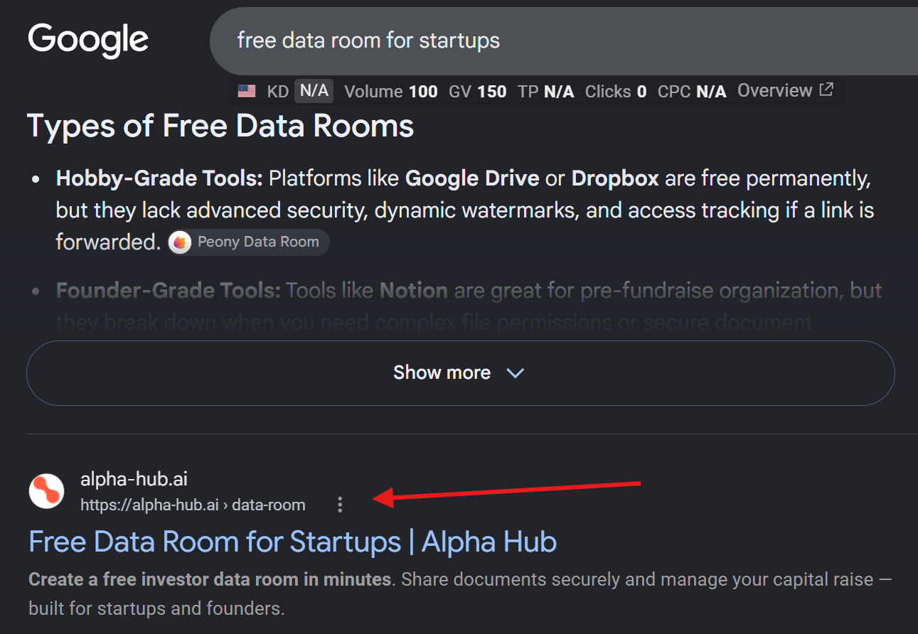 Alpha Hub fintech SaaS company ranking on the first page of Google for a target keyword