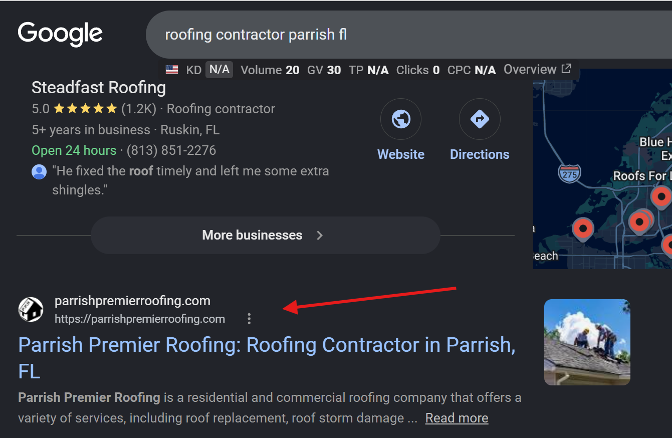 Parrish, Florida roofing contractor ranking on the first page of Google for a local search